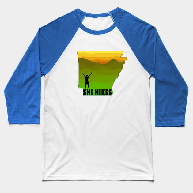 "She Hikes" Arkansas Design Baseball T-Shirt by Arkansas Shop